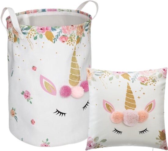 Kinderkamer Set - Unicorn Kussen met Pompons 40x40 cm & Unicorn Speelgoed Opbergmand 50 cm - Kleurrijke Decoratie en Opbergruimte voor Kinderkamer - Multicolor