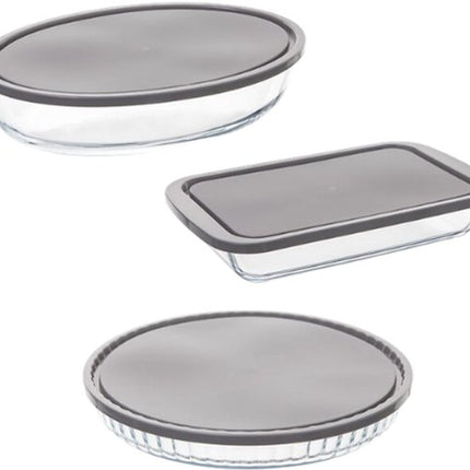 Glazen Ovenschaal Set - Set van 3 - Ovenschalen met Deksel - Magnetronbestendig - Voor Bakken, Bewaren en Opwarmen - Rechthoekige, Ovale en Ronde Bakschaal - Grijs & Transparant