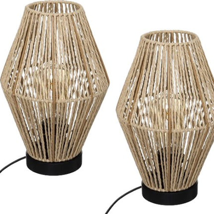 Aissa Tafellamp - Lamp zonder Voet - Decoratieve Lamp - Set van 2 - Ronde Tafellamp met Rope Design - Sfeerlamp Woonkamer - Gemaakt van Staal en MDF - 19 x 30 cm - 150cm Kabel - Beige