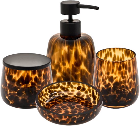 Badkameraccessoiresset - Glazen Luxe Badkamer Set - 4-delig - Dotty Badkameraccessoires Set - 400ml Zeepdispenser - Tandenborstelhouder - Zeepbakje - Wattenschijfjes Pot - Bruin