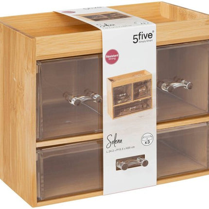 5Five sieraden/make-up organizer - 2x stuks - 3 lades - 24 x 20 cm - rechthoek - bamboe/kunststof