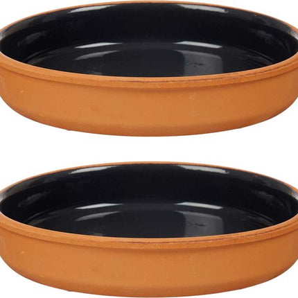 La Dehesa Tapas serveerschaal - 2x stuks - terracotta - zwart - D23 x H4 cm - hapjes serveren - ovenschaal - rond