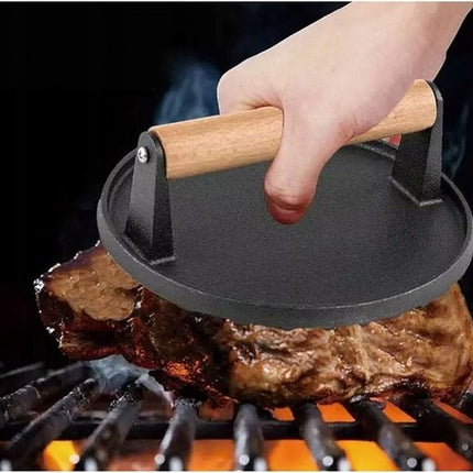 Kinghoff Gietijzeren Hamburgerpers Ø18 cm – Vleesprasser met Houten Handvat – Model KH-1759