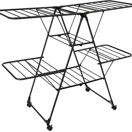 Kinghoff - KH-2046 - Wasrek - Stalen Droogrek - Kledingdroogrek met Kledinghangerrek - Inklapbaar met Wielen - 25 kg Draagvermogen - Meerdere Droogniveaus - Verrijdbaar - Vergrendelbare Zwenkwielen - voor Binnen en Buiten - 157x61x127cm - Zwart