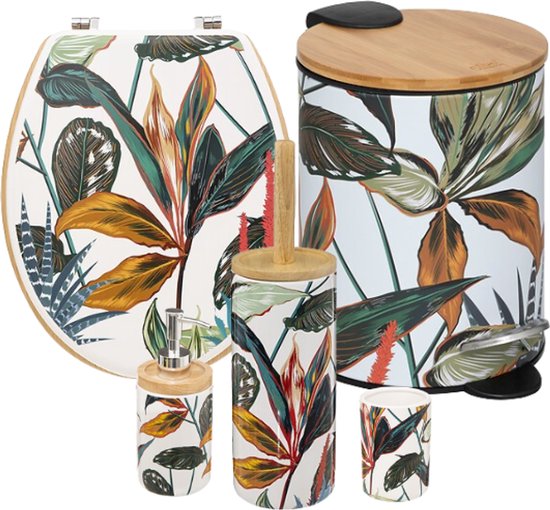 Palawan Badkameraccessoiresset - 5-delig Complete Badkamerset - Toiletaccessoires - Toiletbril - Toiletborstel - Zeepdispenser - Tandenborstelhouder - 3L Soft-Close Pedaalemmer - Multicolor Design