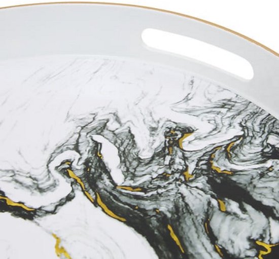Rond Dienblad Wit Marmer Look - 33 cm - Met Handvatten - Glanzend Plastic - Marmerenlook - Stenen Look - Witte Kleur - inclusief handvat