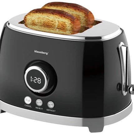 Klausberg - Broodrooster - Keuken Toaster - Toaster met LED Display en 6 Standen - Brede Sleuven Broodrooster - 2 Sneden - Retro Design - Ontdooifunctie & Opwarmfunctie - 850W - ca. 28.5 x 18.5 x 20 cm - Zwart
