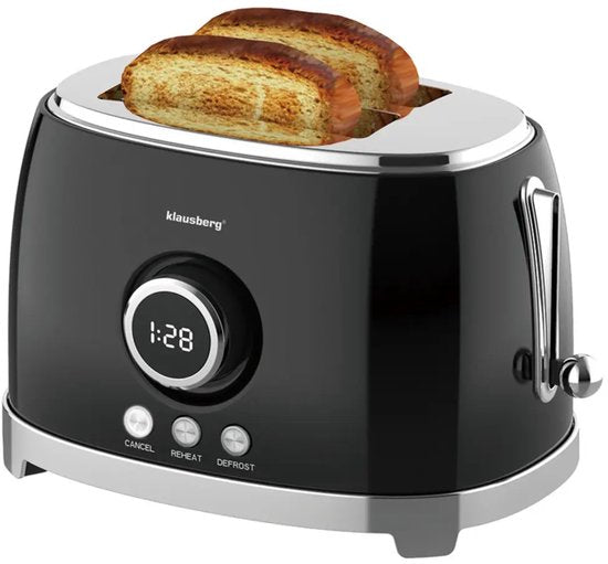 Klausberg - Broodrooster - Keuken Toaster - Toaster met LED Display en 6 Standen - Brede Sleuven Broodrooster - 2 Sneden - Retro Design - Ontdooifunctie & Opwarmfunctie - 850W - ca. 28.5 x 18.5 x 20 cm - Zwart