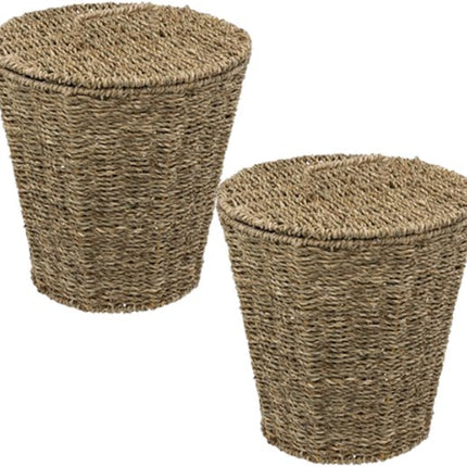 2-Delige - Reed Opbergmandenset - Afvalbak - Gevlochten Rieten Opbergmand met Deksel - Decoratieve Opbergbox - Boho Woonaccessoires - 9 Liters - 26 x 26 x 30 cm - Bruin