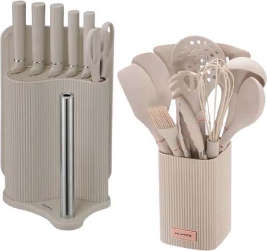 Klausberg - Keuken Set - Keuken Accessoires Set - 8-Delig - Messenset met Houder & 12-Delig - Siliconen Keukengerei Set - Beige