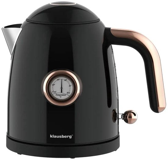 Klausberg - Waterkoker - Retro Waterkoker - Kleine Elektrische Waterkoker - Thee Waterkoker met Thermometer - Compacte Waterkoker Design - Keukenapparaat - 1L - 1200W - RVS - Zwart