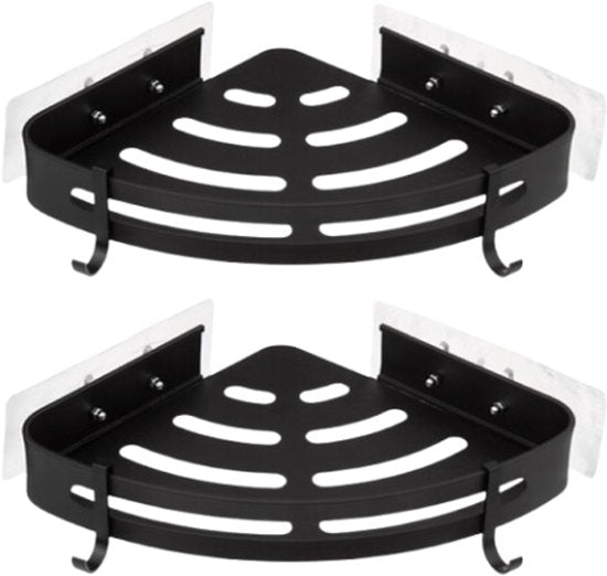 Blackalu Doucherek - Douchemand - Set van 2 - Badkamer Opbergrek - Zelfklevend Doucherek - Douche Plank Hoek - Zonder Boren - Aluminium - 29.2 x 23.5 x 4 cm - Zwart