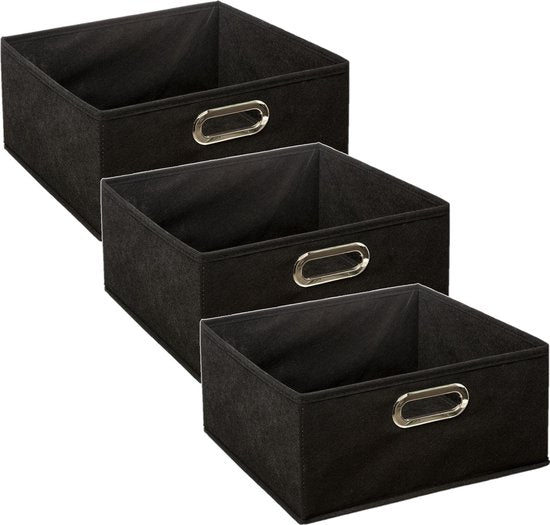 5Five Opbergmand/kastmand - Set van 3x stuks - zwart - linnen - 14 liter - 31 x 31 x 15 cm - Opbergbox - Vakkenkast manden