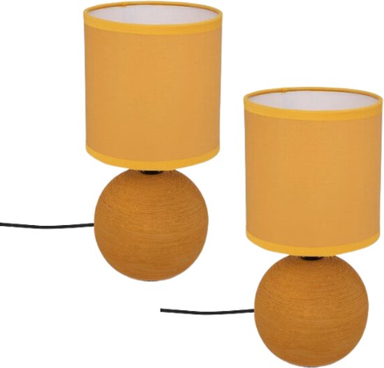 Timéo Bol Tafellamp - Keramische Lamp - Set van 2 - Moderne Tafellamp met Kabel - Sfeerverlichting voor Woonkamer - Slaapkamer - Bureau - 25cm in Hoogte - Geel