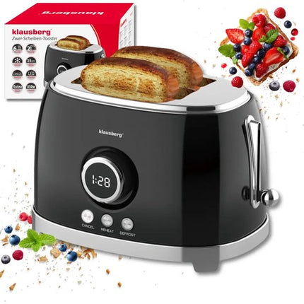 Klausberg - Broodrooster - Keuken Toaster - Toaster met LED Display en 6 Standen - Brede Sleuven Broodrooster - 2 Sneden - Retro Design - Ontdooifunctie & Opwarmfunctie - 850W - ca. 28.5 x 18.5 x 20 cm - Zwart