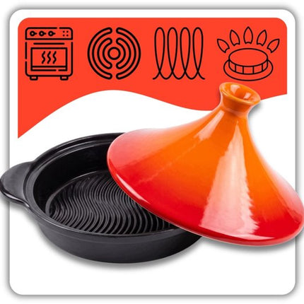 Hage - Tajine - Marokkaanse Tajine - Geëmailleerde Gietijzeren Stoofpan - Keramische Kegelvormige Deksel - Inductie - Gas - Elektrisch - Ovenbestendig - voor Langzaam Garen, Stoofschotels en Mediterrane Gerechten - Ø27cm - 1.5L - Oranje en Zwart