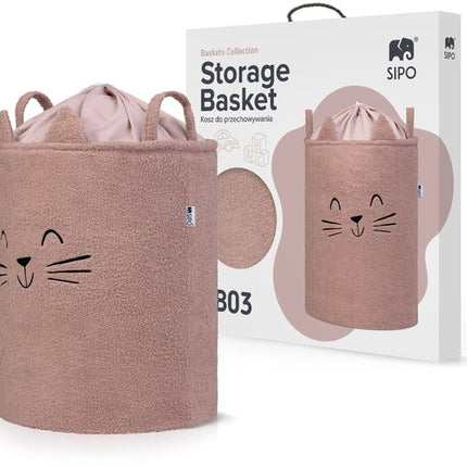 SIPO Grote Opbergmand voor Speelgoed - XL Formaat 43 Liter - Roze Boucle Stoffen Kitten Print - met Trekkoord - 45x43x5cm