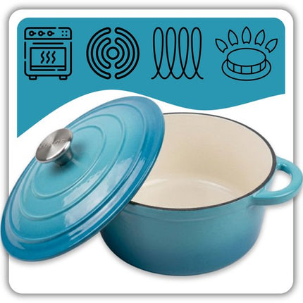 Hage - Gietijzeren Kookpan 22 cm - Geëmailleerde Pan met Deksel - Inductie - Gas - Elektrisch - Keramisch - Ovenbestendig - Inclusief 2 Hittebestendige Pannenlappen - Warmtebehoud - Voor Koken, Braden en Stoven - 3 Liter - Azuurblauw
