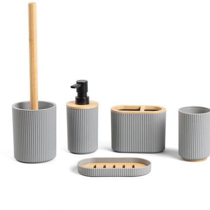 Homla - Loreto Badkameraccessoireset - Badkamer Accessoire Set - 5 Delig - Complete Badkamer Set met Bamboe - Zeepdispenser - Tandenborstelhouder - WC Borstel - Moderne Badkamer Accessoires - Grijs