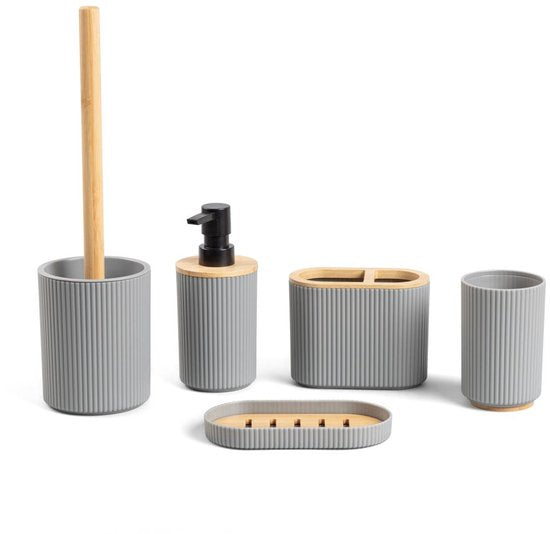 Homla - Loreto Badkameraccessoireset - Badkamer Accessoire Set - 5 Delig - Complete Badkamer Set met Bamboe - Zeepdispenser - Tandenborstelhouder - WC Borstel - Moderne Badkamer Accessoires - Grijs