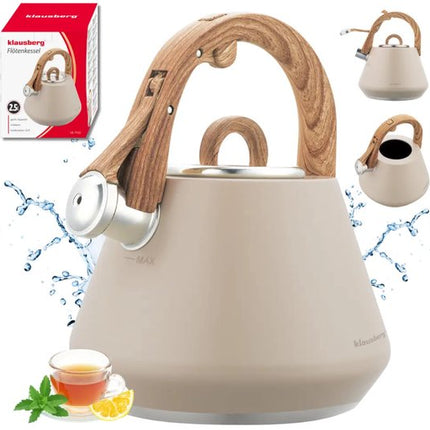 Klausberg 7950 - Fluitketel met fluit - 2.5 liter - RVS - beige - houten handvat (kopie)