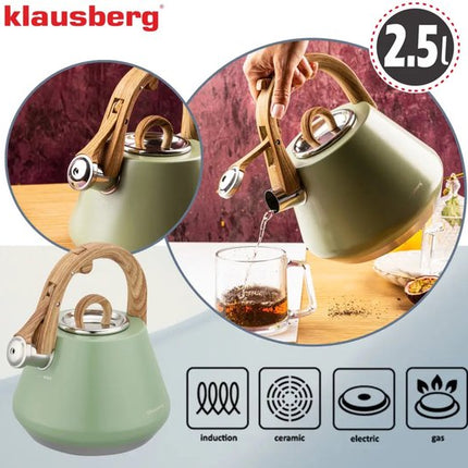 Klausberg - KB-9062 - Fluitketel - RVS Waterketel - Met Fluit - Matte Afwerking - Afneembaar Deksel - Houten Look Handgreep - Inductie - Gas - Elektrisch - Keramisch - Theeketel - Koffie - Brede Voet - 2.5L - Pastelgroen
