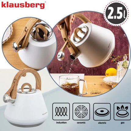Klausberg - KB-9061 - Fluitketel 2.5 Liter - RVS Waterketel - Met Fluit - Afneembaar Deksel - Houtlook Handgreep - Inductie - Gas - Elektrisch - Keramisch - Theeketel - Koffie - Brede Voet - MAX Aanduiding - Wit