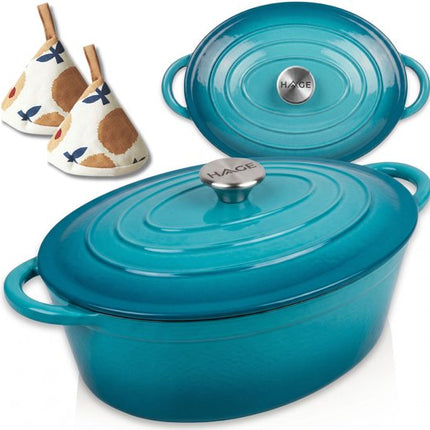 Hage - Gietijzeren Braadpan - Emaille Stoofpan met Deksel - Ovale Braadpan voor Oven en Inductie - Gietijzeren Sudderpan voor Braden, Stoven en Bakken - Warmtevaste Kookpan - 6 Liter - Azuurblauw - Dutch Oven