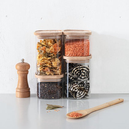 Set van 4 voorraadbussen/voorraadpotten glas met houten deksel - 500 ml - 1000 ml - Voorraadpotten met luchtdichte deksel