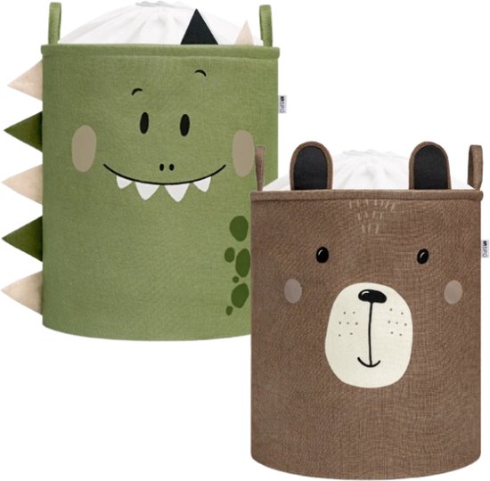 SIPO Speelgoedmand - Opbergbak - Opbergmand - Set van 2 - Bruine Beer & Groene Dino Design - Opvouwbare Katoen Mand - Voor Speelgoed & Kleding - XXL - 63 Liters - 40 x 40 x 50 cm - Bruin & Groen