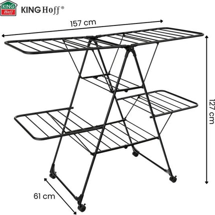 Kinghoff - KH-2046 - Wasrek - Stalen Droogrek - Kledingdroogrek met Kledinghangerrek - Inklapbaar met Wielen - 25 kg Draagvermogen - Meerdere Droogniveaus - Verrijdbaar - Vergrendelbare Zwenkwielen - voor Binnen en Buiten - 157x61x127cm - Zwart
