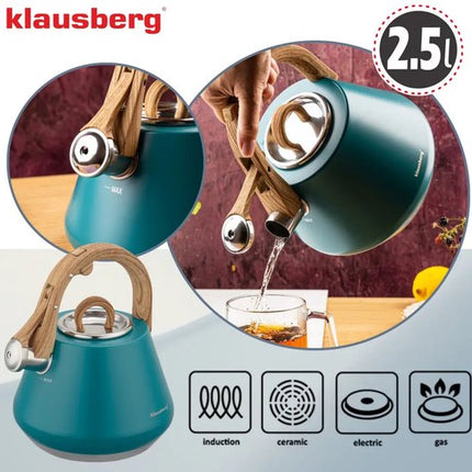 Klausberg - KB-9063 - Fluitketel 2.5L - RVS Waterketel - Matte Afwerking - Met Fluit - Afneembaar Deksel - Inductie - Gas - Elektrisch - Keramisch - Theeketel voor Koffie en Thee - Brede Voet - Turquoise Blauw