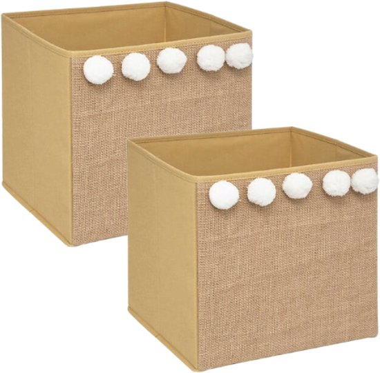 Opbergdoos - Pompom Opbergdoos - Set van 2 - Opvouwbare Opbergbox - Jute Look - Vierkant - Cardboard / PP - 29 x 29 cm - Karamel Bruin