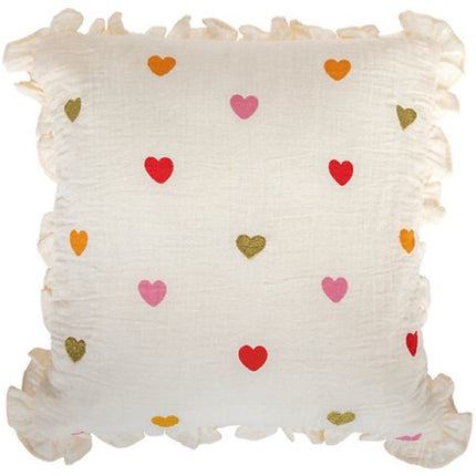 Kinder sierkussens set van 2 met hartjes borduurwerk en ruches, 40x40 cm, wit
