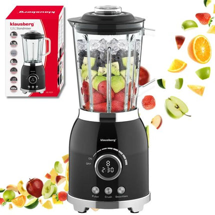 Klausberg - Blender - Smoothie Maker met LED Display - IJscrusher - Glazen Blender met 6 RVS Messen - Smoothie Blender met Timer - Keuken Blender 8 Snelheden - Crushed Ice Mixer - 1.5L - 600W - Zwart