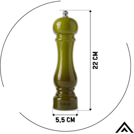 Hage - Handmatige Peper- en Zoutmolens - Peper & Zout - Keramisch Maalwerk - Verstelbare Maalgraad - 100 ml - Ø5.5 x 22 cm - Olijfgroen