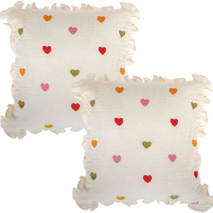 Kinder sierkussens set van 2 met hartjes borduurwerk en ruches, 40x40 cm, wit