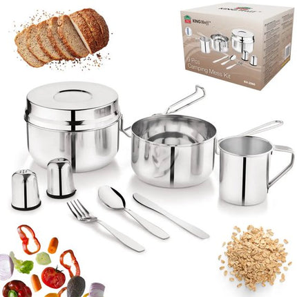 Kinghoff - KH-2060 - 9-Delig Camping Kookset - Kampeerset met Kookpan 1,5L, Mok 0,5L & Bakje 1,1L - Campingservies met Bestek, Mes, Vork & Lepel - Inclusief Zout- en Peperstrooiers - Reis- & Outdoor Set voor Camper en Tent - RVS