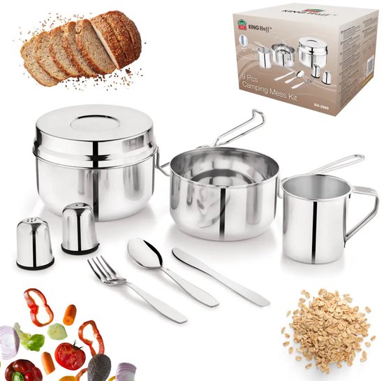 Kinghoff - KH-2060 - 9-Delig Camping Kookset - Kampeerset met Kookpan 1,5L, Mok 0,5L & Bakje 1,1L - Campingservies met Bestek, Mes, Vork & Lepel - Inclusief Zout- en Peperstrooiers - Reis- & Outdoor Set voor Camper en Tent - RVS
