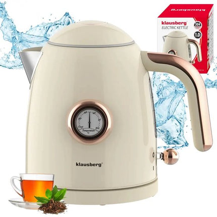 Klausberg - Waterkoker - Retro Waterkoker - Kleine Elektrische Waterkoker - Thee Waterkoker met Thermometer - Compacte Waterkoker Design - Keukenapparaat - 1L - 1200W - RVS - Crème