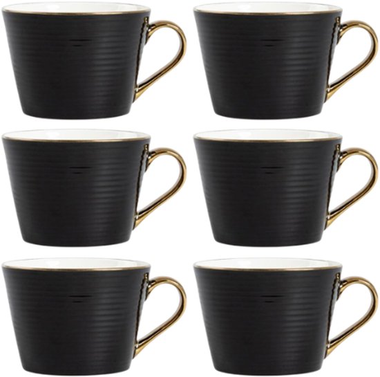 Homla - Renne Mok - Grote Koffiemok - Set van 6 - Theemok - Cappuccino Mok - Vaatwasser Bestendig - 450 ml - Keramiek - 15 x 12 x 9 cm - Zwart