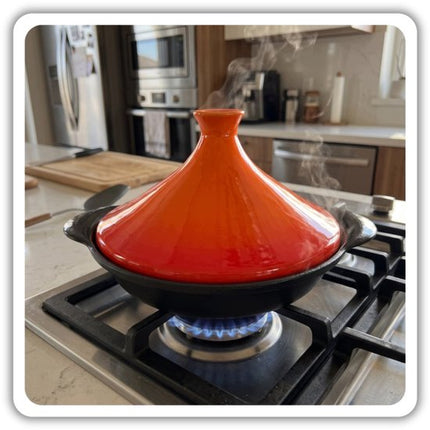 Hage - Tajine - Marokkaanse Tajine - Geëmailleerde Gietijzeren Stoofpan - Keramische Kegelvormige Deksel - Inductie - Gas - Elektrisch - Ovenbestendig - voor Langzaam Garen, Stoofschotels en Mediterrane Gerechten - Ø27cm - 1.5L - Oranje en Zwart