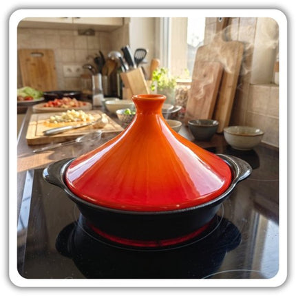 Hage - Tajine - Marokkaanse Tajine - Geëmailleerde Gietijzeren Stoofpan - Keramische Kegelvormige Deksel - Inductie - Gas - Elektrisch - Ovenbestendig - voor Langzaam Garen, Stoofschotels en Mediterrane Gerechten - Ø27cm - 1.5L - Oranje en Zwart