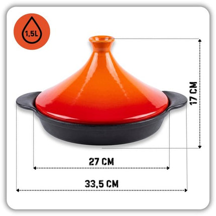 Hage - Tajine - Marokkaanse Tajine - Geëmailleerde Gietijzeren Stoofpan - Keramische Kegelvormige Deksel - Inductie - Gas - Elektrisch - Ovenbestendig - voor Langzaam Garen, Stoofschotels en Mediterrane Gerechten - Ø27cm - 1.5L - Oranje en Zwart