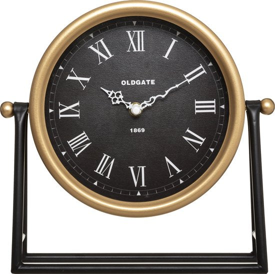 Atmosphera Tafelklok Roma - goud/zwart - H26 cm - Dia klok 21 cm - glas/metaal - op standaard