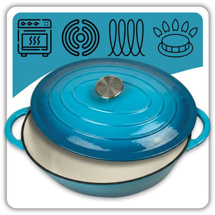 Hage - Gietijzeren Braadpan - Emaille Stoofpan met Deksel - Ovale Braadpan voor Oven en Inductie - Gietijzeren Sudderpan voor Braden, Stoven en Bakken - Warmtevaste Kookpan - 6 Liter - Azuurblauw - Dutch Oven