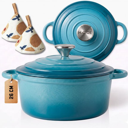 Hage - Gietijzeren Kookpan - 5L - Geëmailleerde Braadpan met Deksel - Inductie - Gas - Elektrisch - Keramisch - Ovenbestendig - Inclusief 2 Hittebestendige Pannenlappen - Optimale Warmteverdeling - Voor Koken, Braden en Stoven - 26cm - Azuurblauw