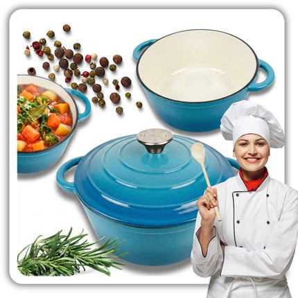 Hage - Gietijzeren Kookpan - 5L - Geëmailleerde Braadpan met Deksel - Inductie - Gas - Elektrisch - Keramisch - Ovenbestendig - Inclusief 2 Hittebestendige Pannenlappen - Optimale Warmteverdeling - Voor Koken, Braden en Stoven - 26cm - Azuurblauw