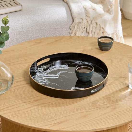 Rond Dienblad Zwart Marmer Look - 33 cm - Met Handvatten - Glanzend Plastic - Marmerenlook - Stenen Look - Zwarte Kleur - inclusief handvat