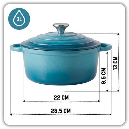 Hage - Gietijzeren Kookpan 22 cm - Geëmailleerde Pan met Deksel - Inductie - Gas - Elektrisch - Keramisch - Ovenbestendig - Inclusief 2 Hittebestendige Pannenlappen - Warmtebehoud - Voor Koken, Braden en Stoven - 3 Liter - Azuurblauw
